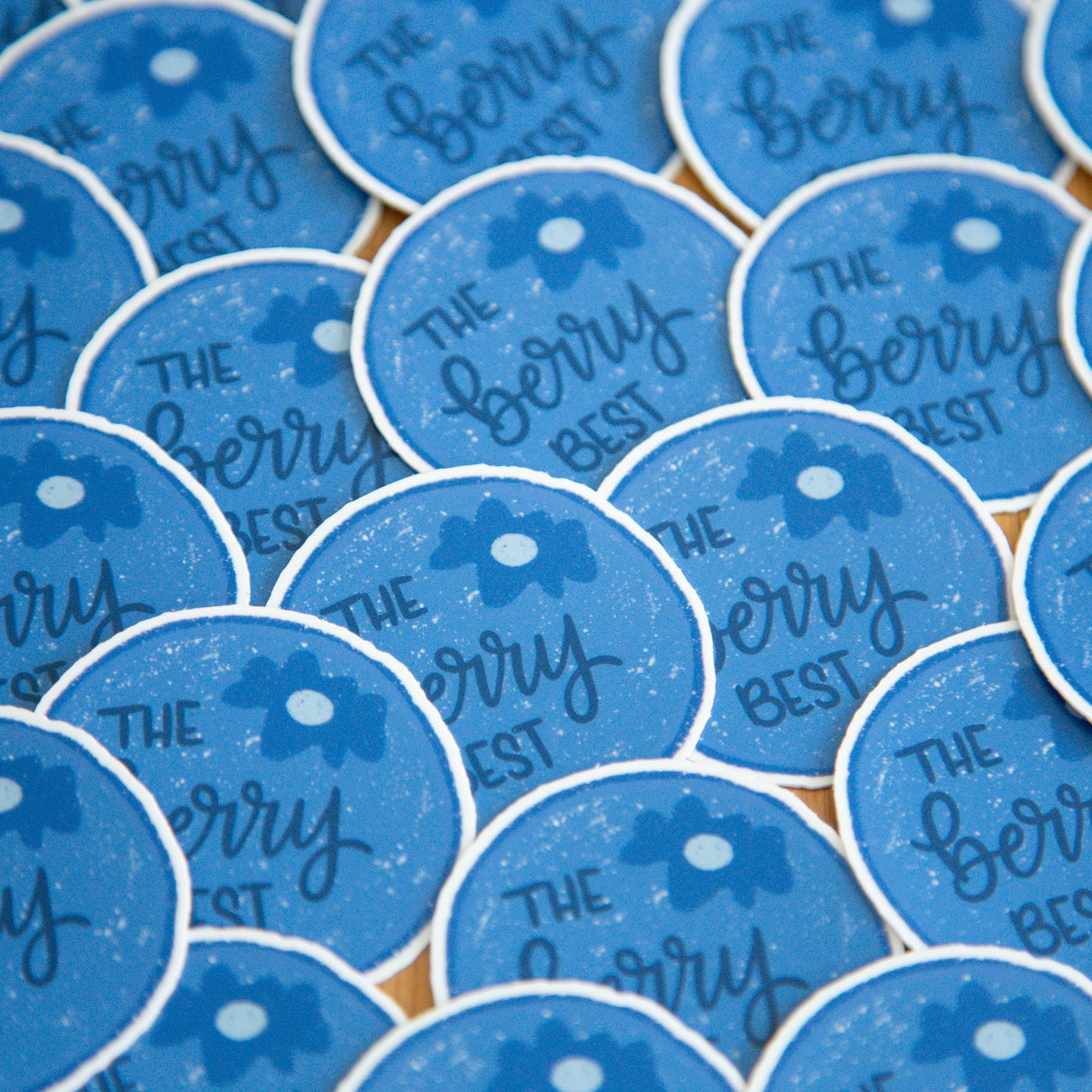 Collection of blue blueberry circular stickers with 'The Berry Best' text.