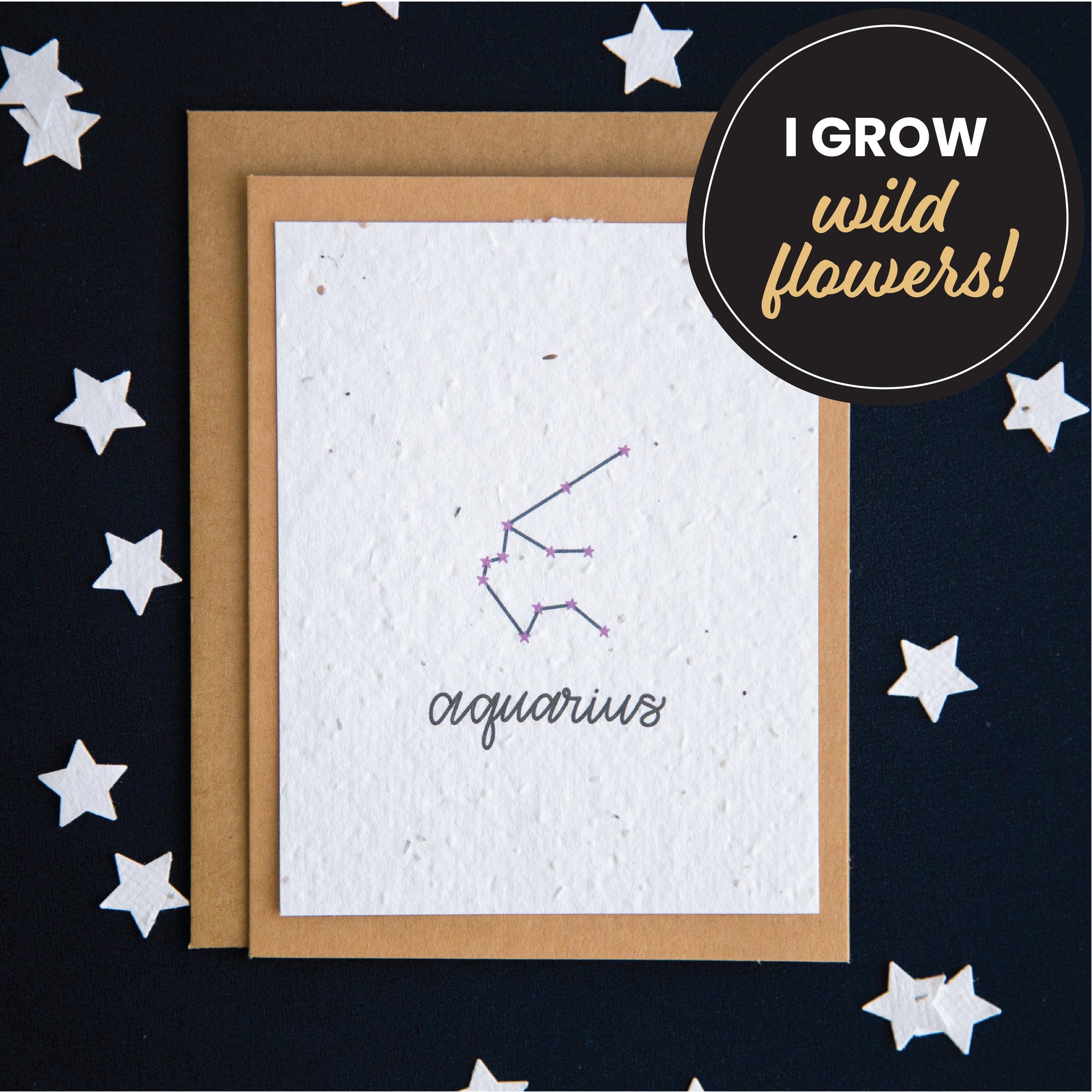 A greeting card with the Aquarius constellation and word “Aquarius” printed on plantable seed paper