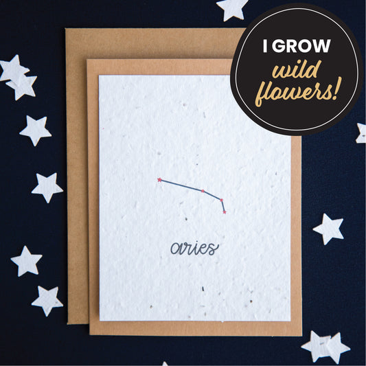 A greeting card with the Aries constellation and word “Aries” printed on plantable seed paper