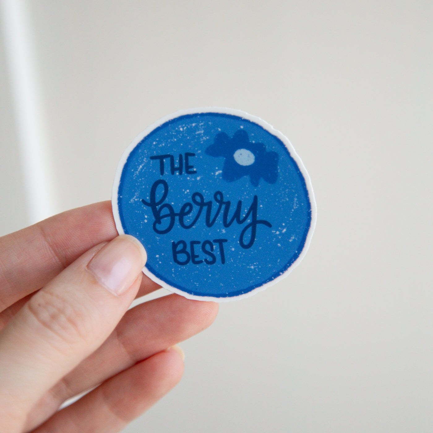 Hand holding a blue round blueberry sticker with 'The Berry Best' text against a light background