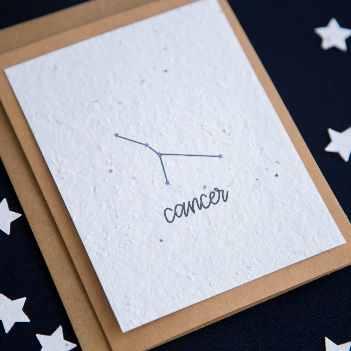 A greeting card with the Cancer constellation and word “Cancer” printed on plantable seed paper