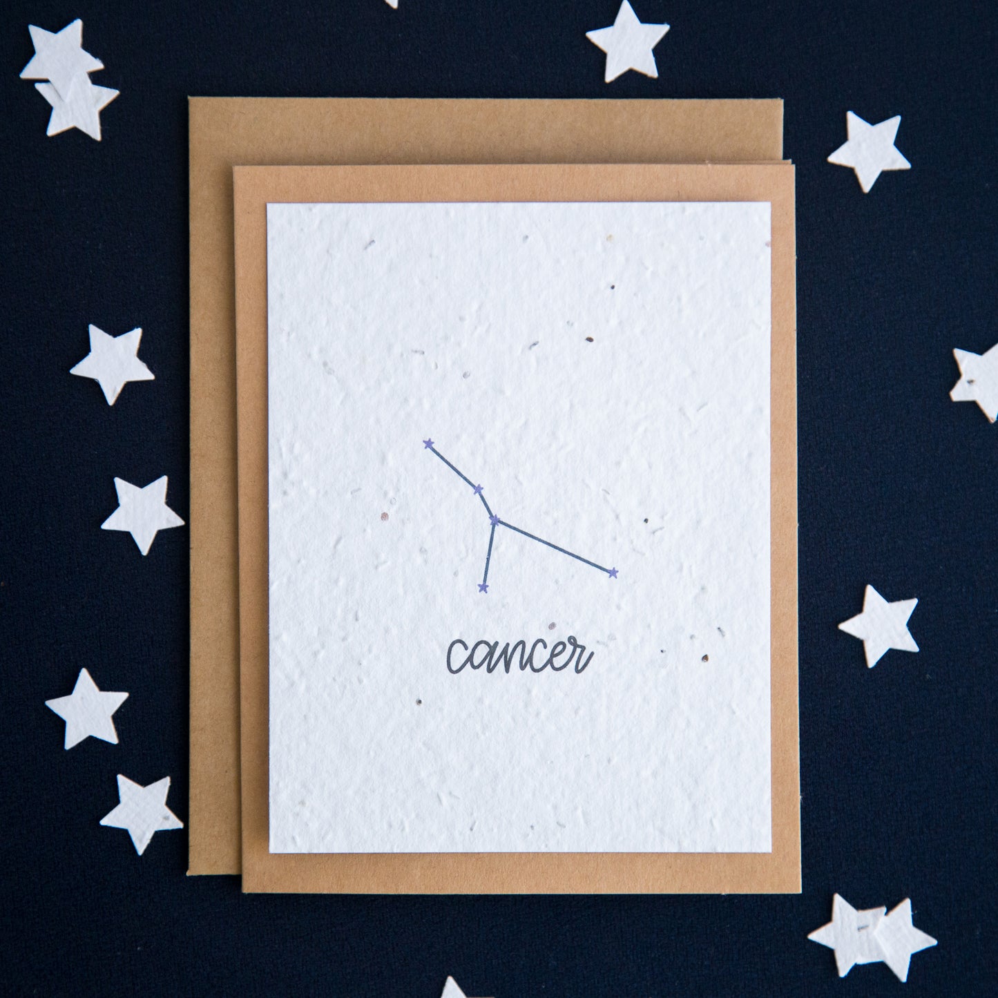 A greeting card with the Cancer constellation and word “Cancer” printed on plantable seed paper