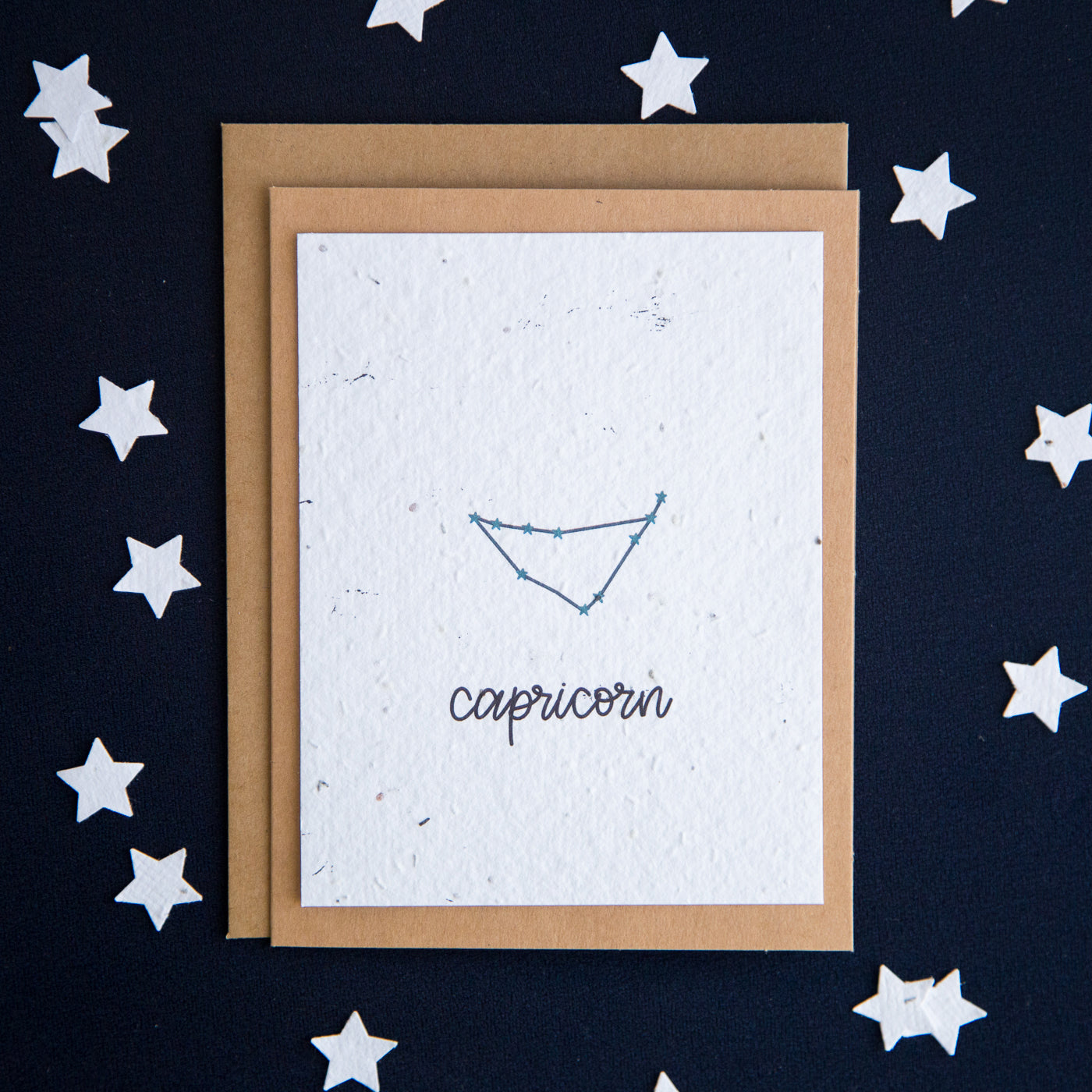 A greeting card with the Capricorn constellation and word “Capricorn” printed on plantable seed paper