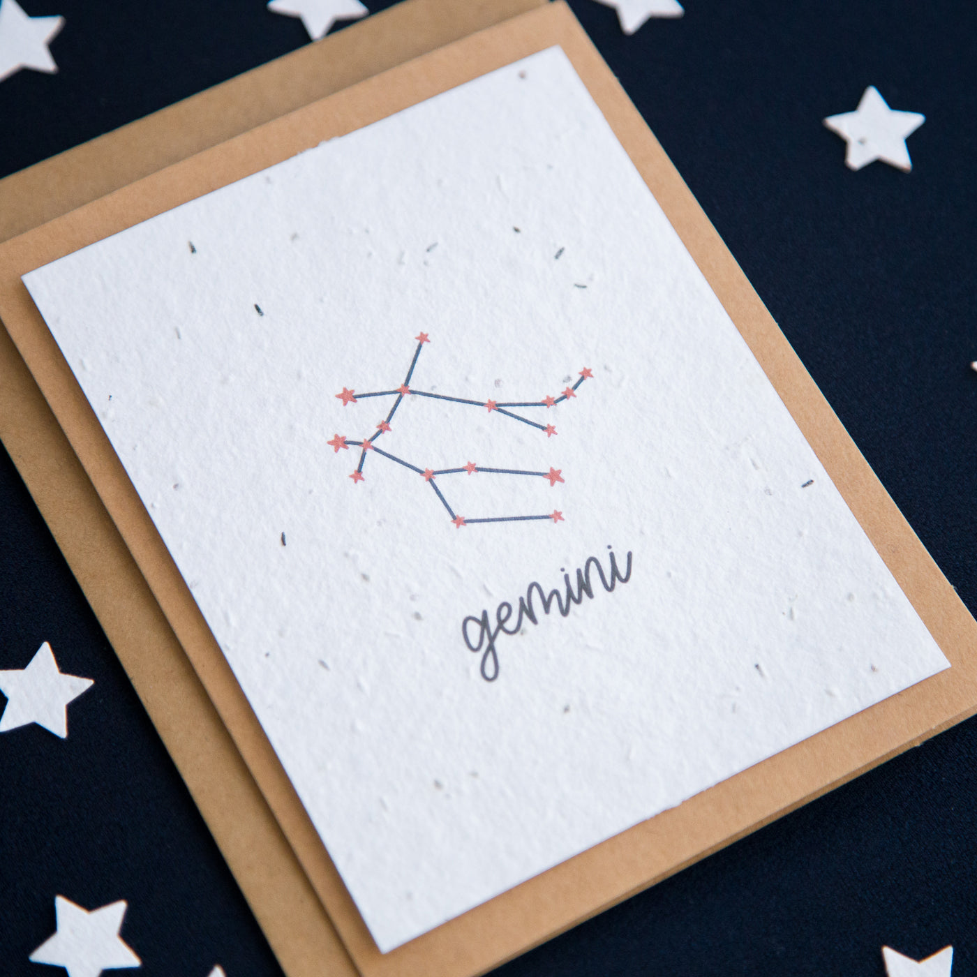 A greeting card with the Gemini constellation and word “Gemini” printed on plantable seed paper