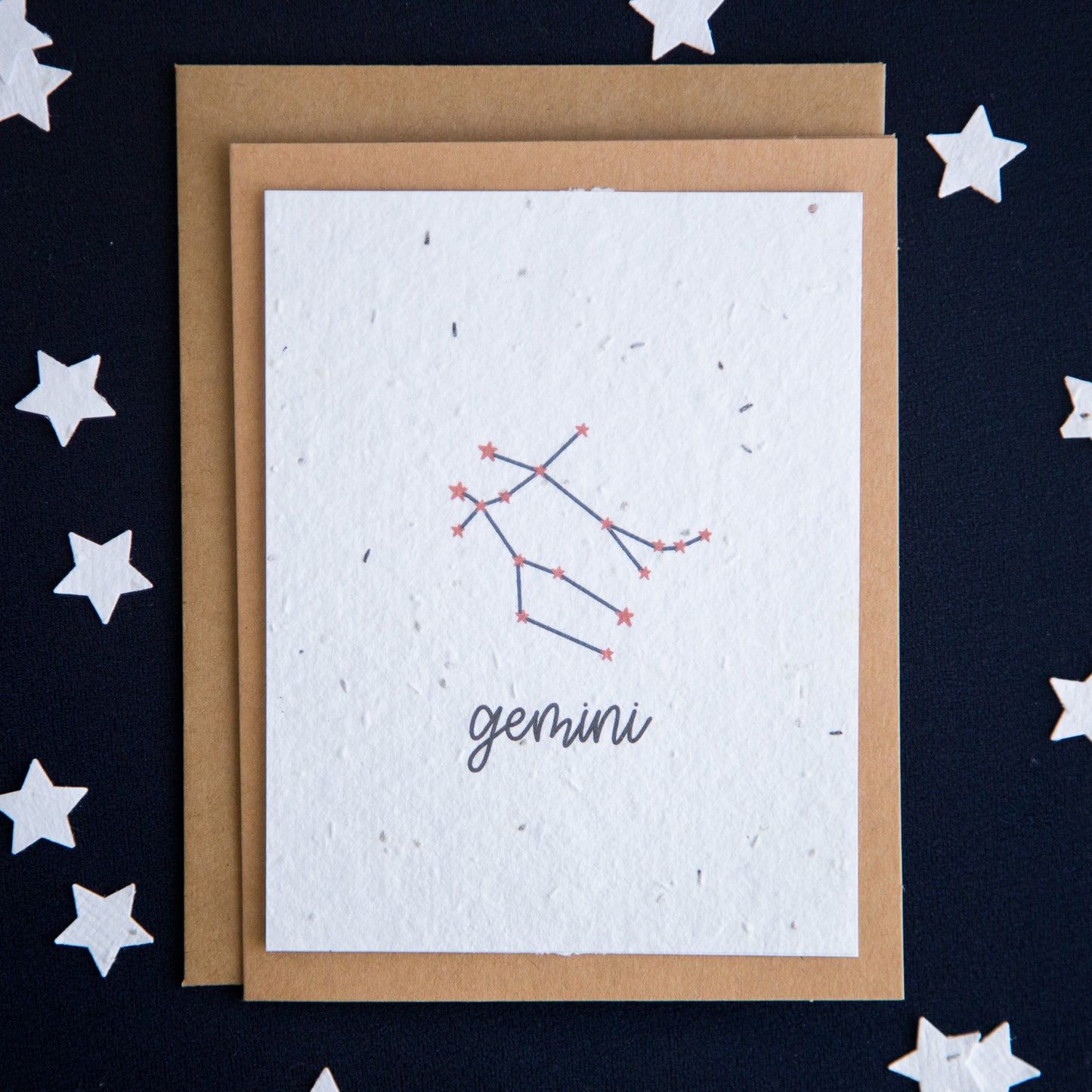 A greeting card with the Gemini constellation and word “Gemini” printed on plantable seed paper