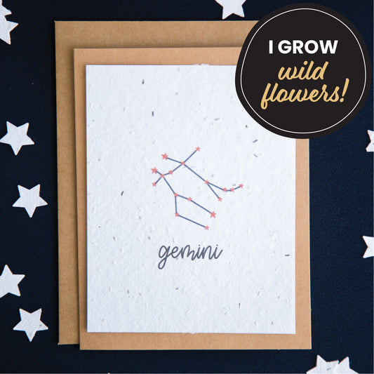 A greeting card with the Gemini constellation and word “Gemini” printed on plantable seed paper