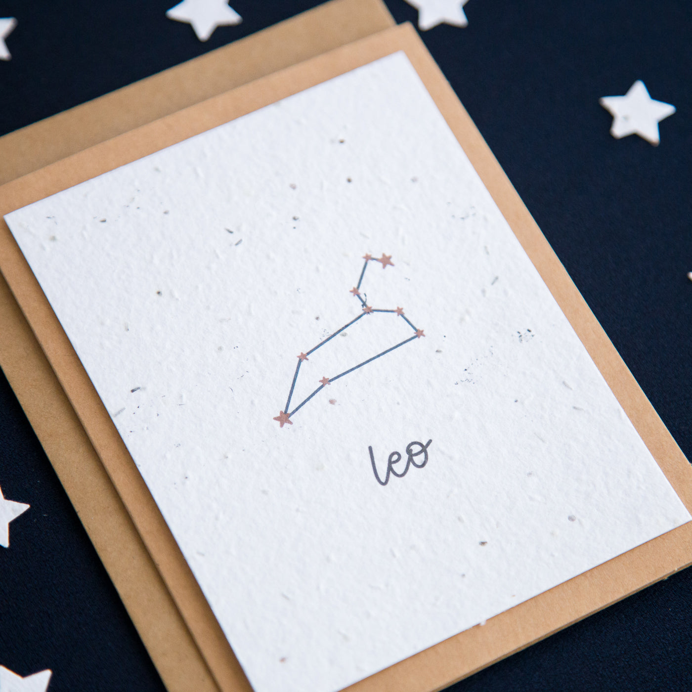 A greeting card with the Leo constellation and word “Leo” printed on plantable seed paper