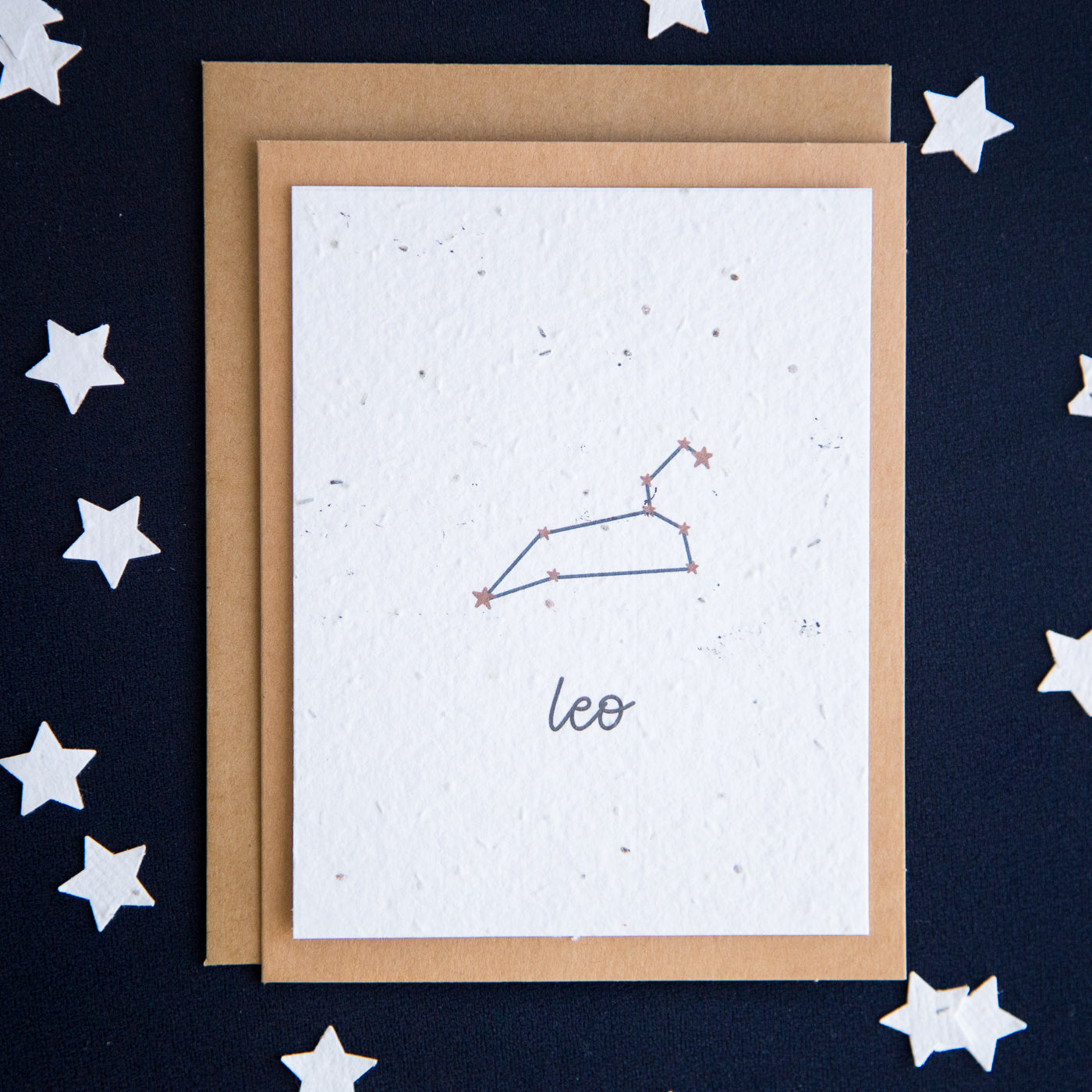 A greeting card with the Leo constellation and word “Leo” printed on plantable seed paper