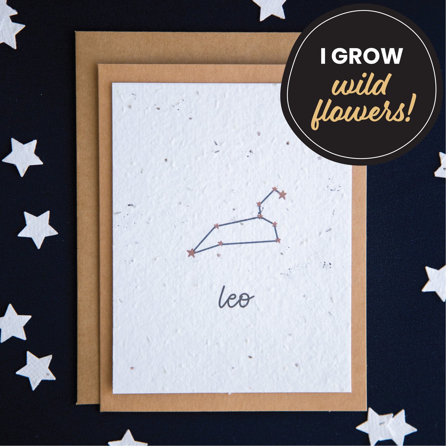 A greeting card with the Leo constellation and word “Leo” printed on plantable seed paper