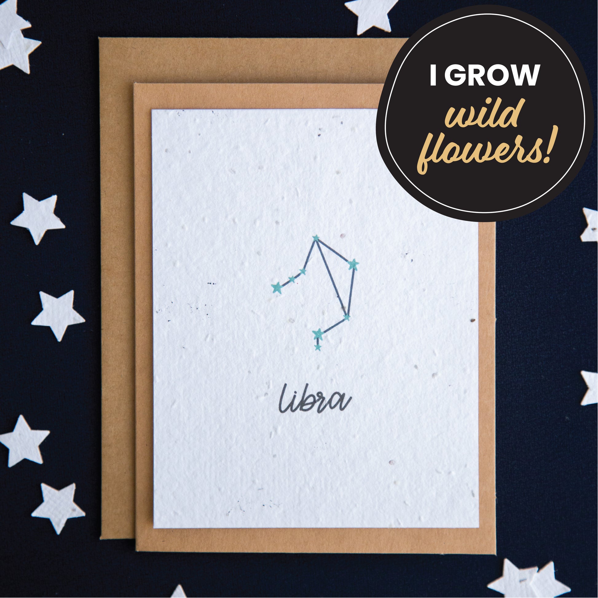 A greeting card with the Libra constellation and word “Libra” printed on plantable seed paper