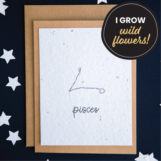 A greeting card with the Pisces constellation and word “Pisces” printed on plantable seed paper