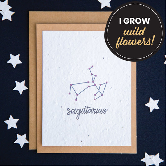 A greeting card with the Sagittarius constellation and word “Sagittarius” printed on plantable seed paper