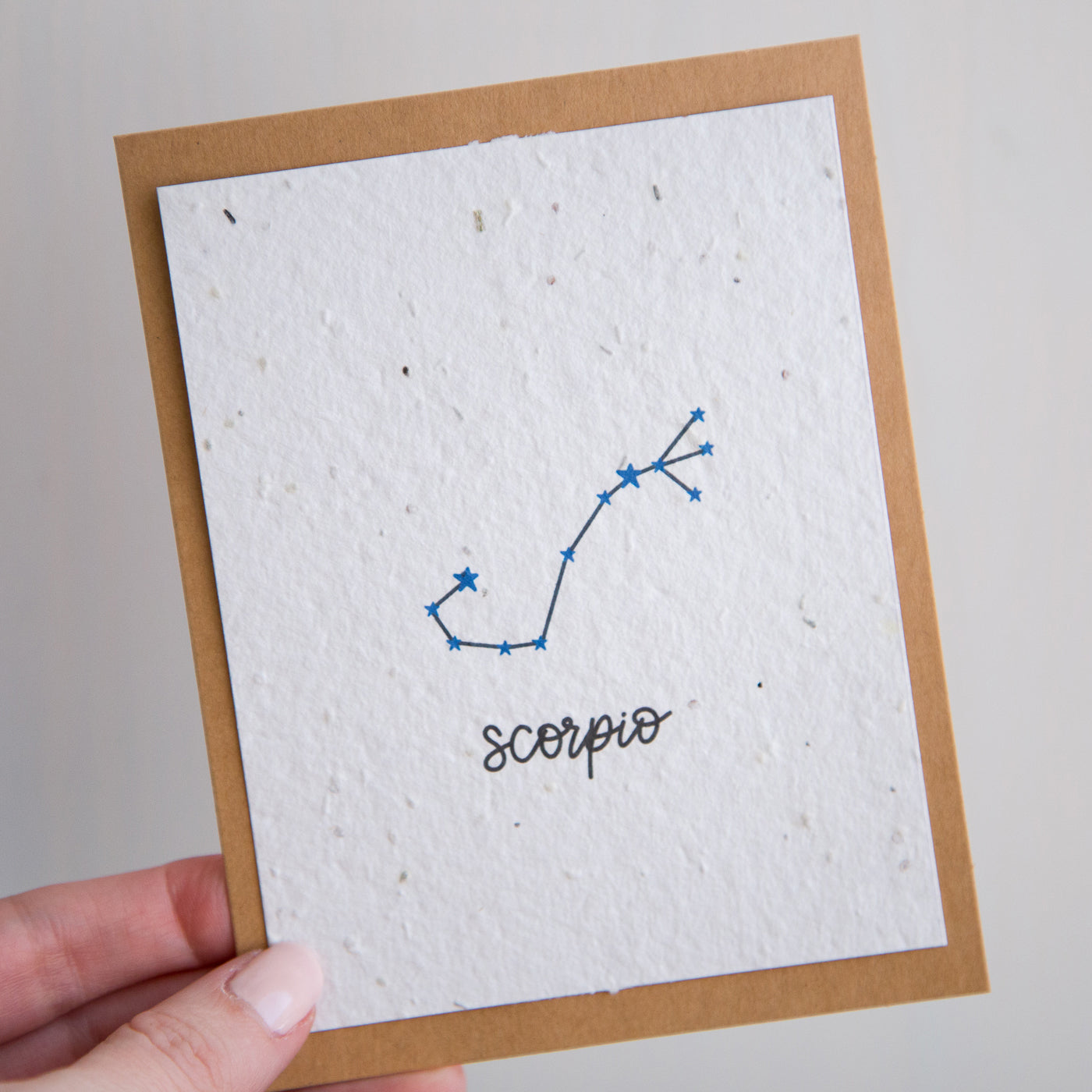 A greeting card with the Scorpio constellation and word “Scorpio” printed on plantable seed paper