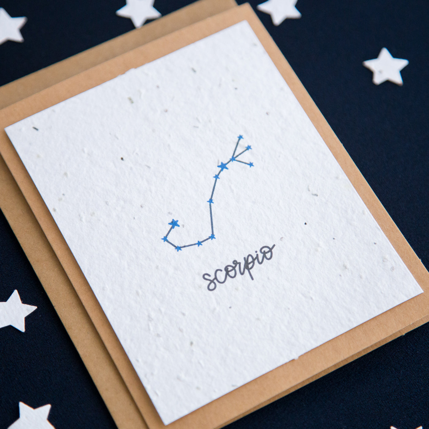 A greeting card with the Scorpio constellation and word “Scorpio” printed on plantable seed paper