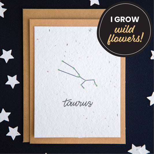 A greeting card with the Taurus constellation and word “Taurus” printed on plantable seed paper