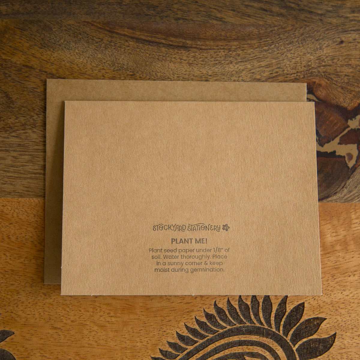 A square kraft paper card with printed text reading "PLANT ME!" and describing planting instructions for seed paper