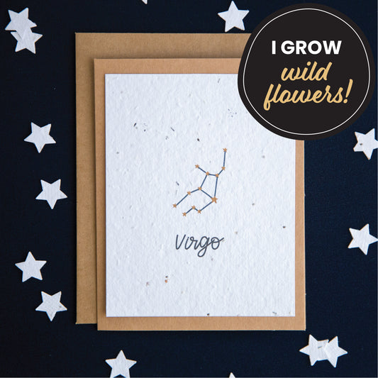 A greeting card with the Virgo constellation and word “Virgo” printed on plantable seed paper